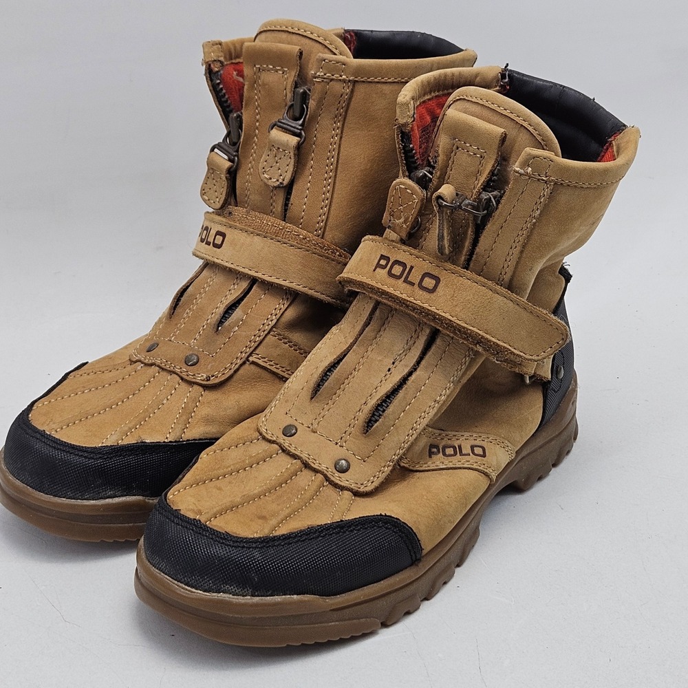 Polo Ralph Lauren Conquest Hi Boys Tan Leather Duck Boots Size 5 90238 J204-1010